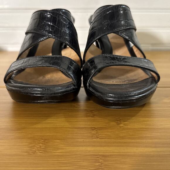 Sofft Jolene Heeled Sandals Black Leather Crocodile Embossed Mules 8.5 M - Picture 2 of 8